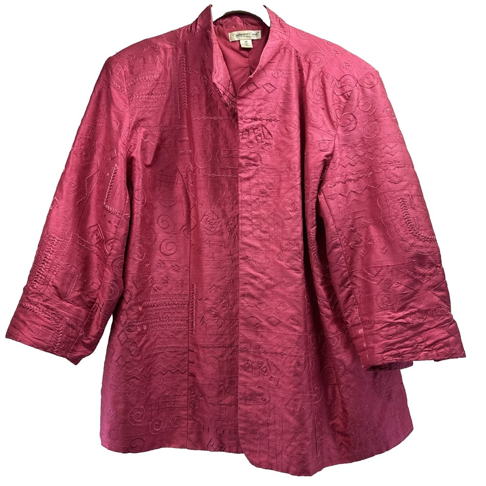 Coldwater Creek Women's Silk Jacket Sz 1X Solid Pink Embroidered Asian Inspired